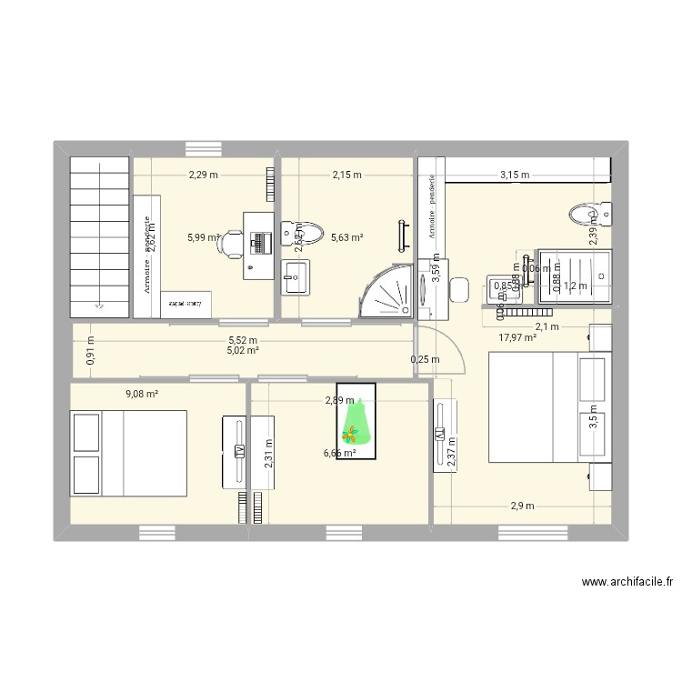 Étage comble 2. Plan de 6 pièces et 50 m2