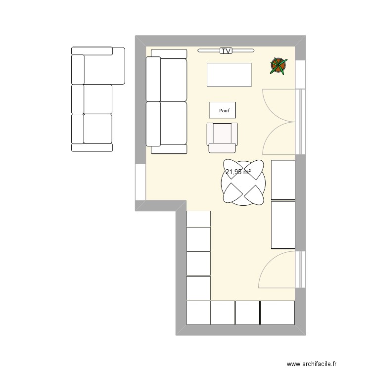Séjour cuisine 3. Plan de 1 pièce et 22 m2