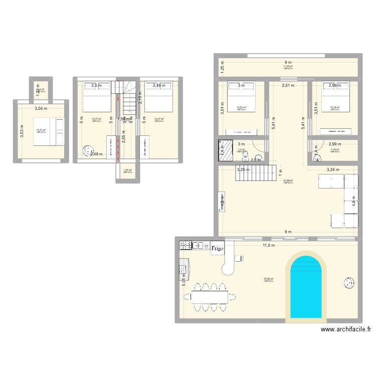 Large Aframe. Plan de 13 pièces et 196 m2