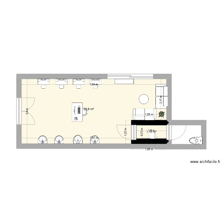 salon JustMbarber. Plan de 2 pièces et 25 m2