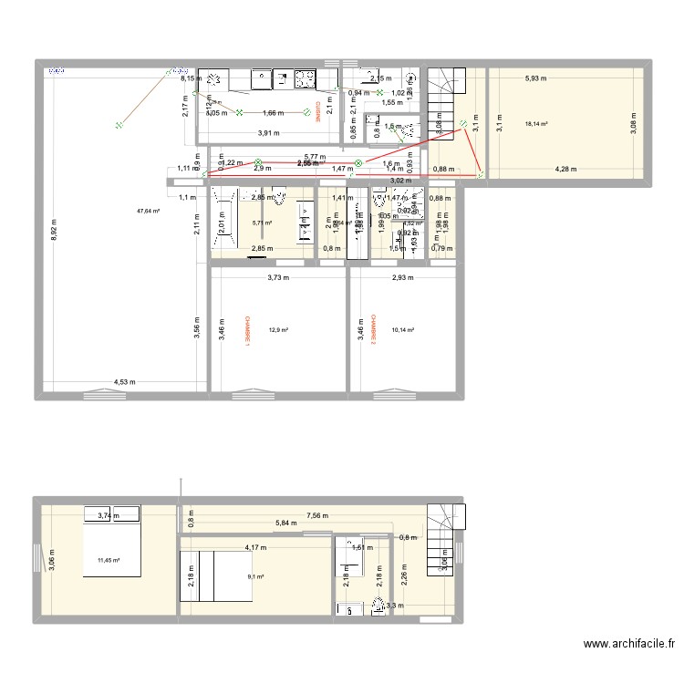 projet cuisine. Plan de 13 pièces et 145 m2