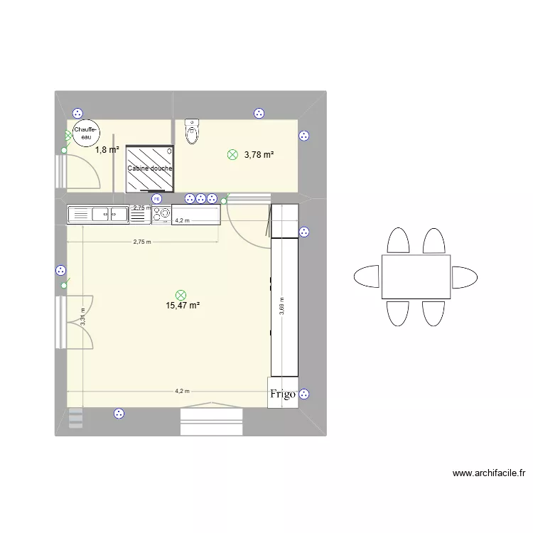 cuisine. Plan de 3  et 21 m²