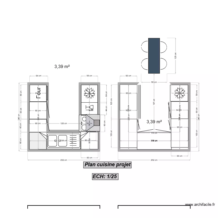 Plan cuisine projet R&eacute;my. Plan de 2  et 7 m²