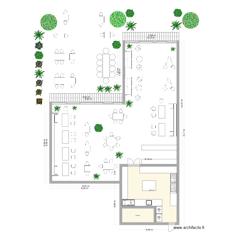 Roi Et grande cuisine. Plan de 2 pièces et 42 m2