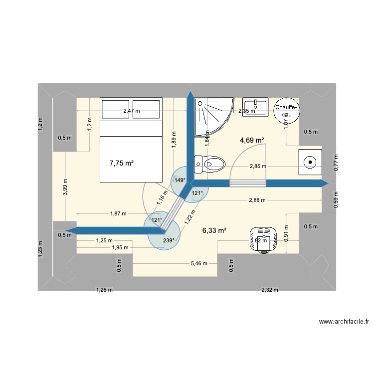 bas nrs bis. Plan de 3 pièces et 19 m2