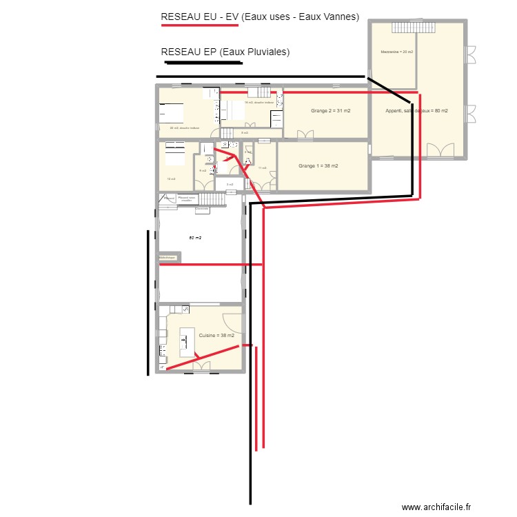 Montoison Rez de Chaussée avec évacuations eaux. Plan de 13 pièces et 257 m2