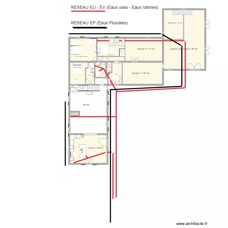 Montoison Rez de Chaussée avec évacuations eaux. Plan de Montoison Rez de Chaussée avec évacuations eaux. Plan de