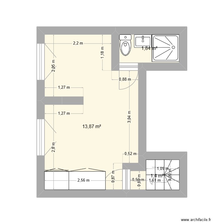 1er étage Rouget de l'isle. Plan de 3 pièces et 17 m2