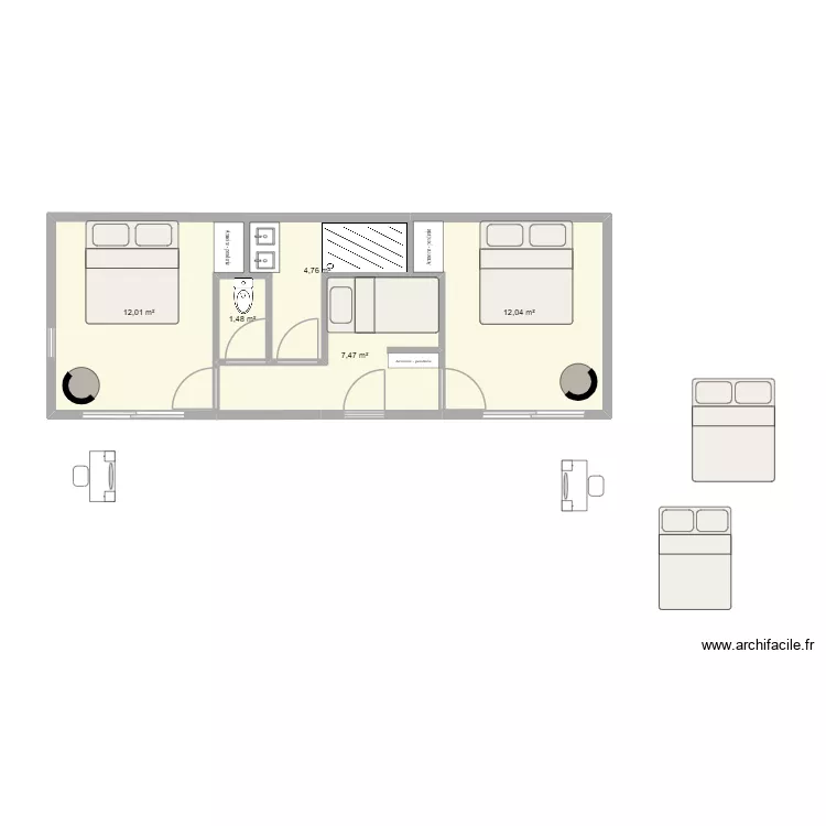 extension 4x11 3ch. Plan de 5 Pièces et 38 m²