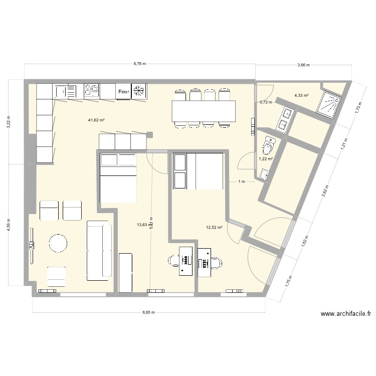 Moissons RDC 2 chambres. Plan de 7 pièces et 78 m2