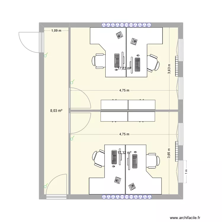 bureau. Plan de 3  et 43 m²
