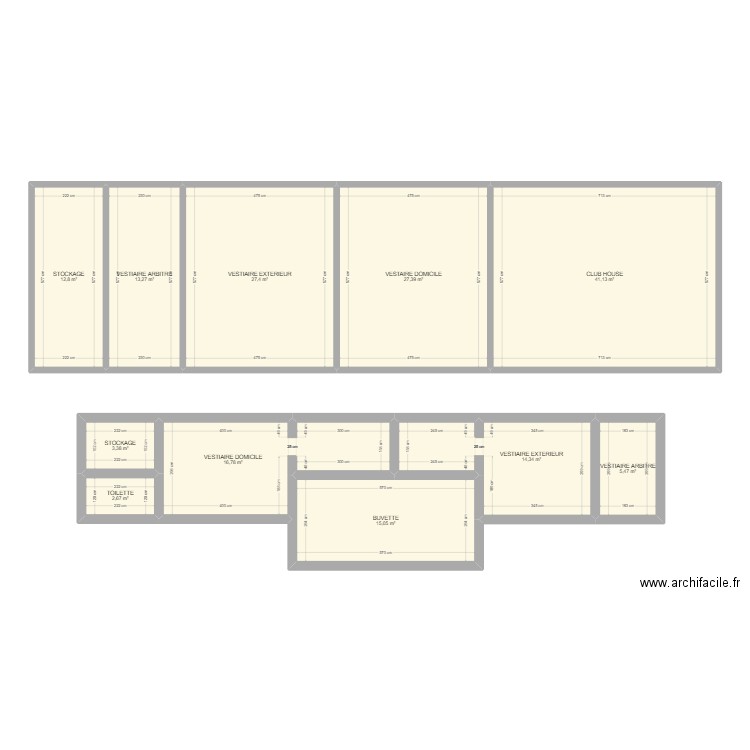 Vestiaires. Plan de 11 pièces et 180 m2