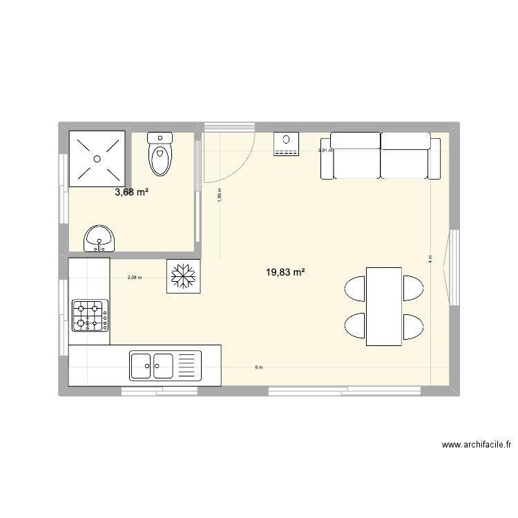 Cabanne. Plan de 2 pièces et 24 m2