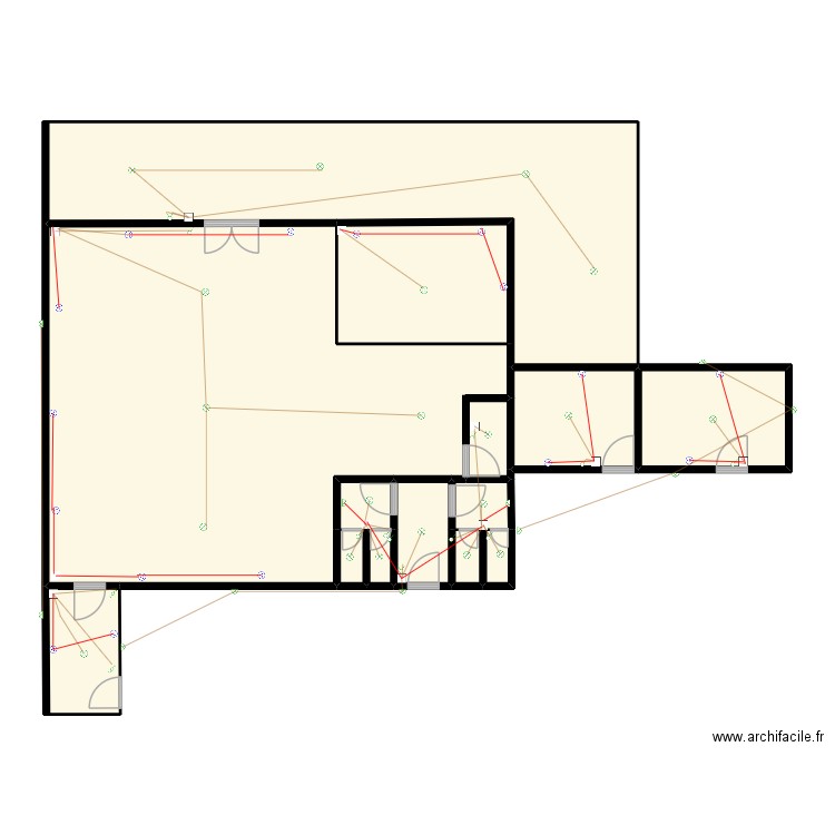 Discothèque unifilaire. Plan de 13 pièces et 182 m2