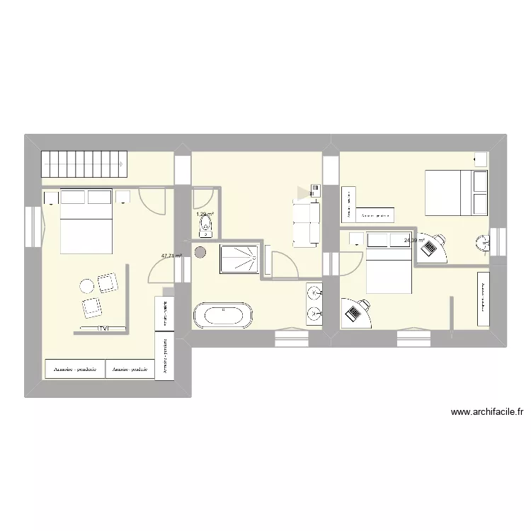 ETAGE V2. Plan de 3  et 73 m²
