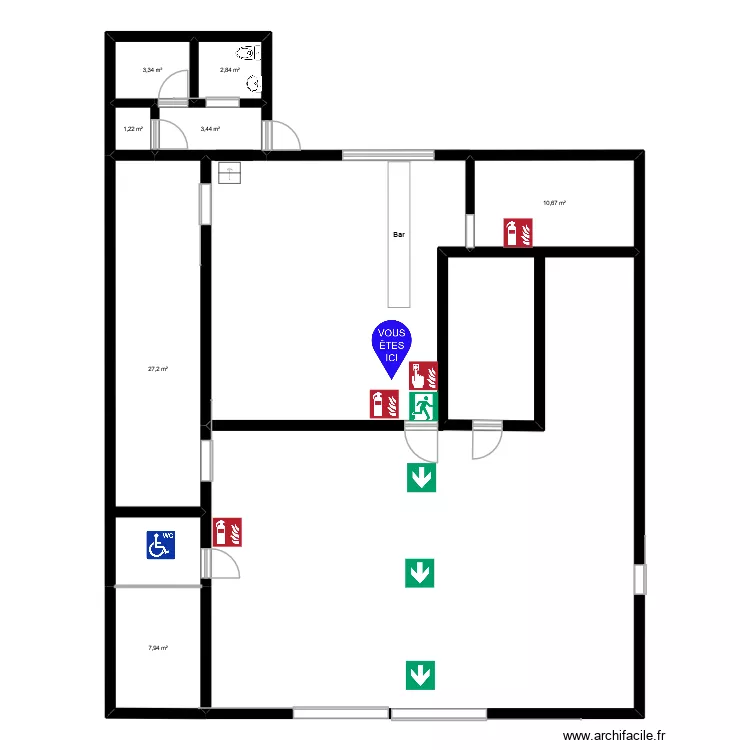 PLAN evacuation. Plan de 7  et 57 m²