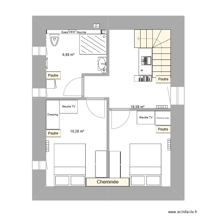 Etage FERMANVILLE. Plan de 3 pièces et 37 m2