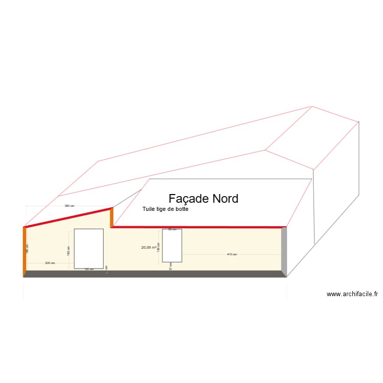 Façade Nord TUI. Plan de 1 pièce et 20 m2