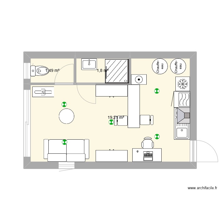 studio. Plan de 3 pièces et 23 m2