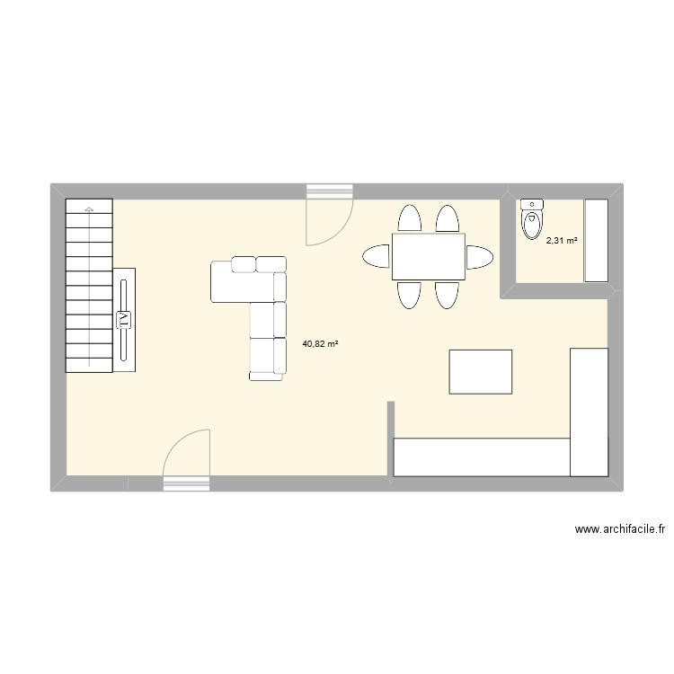 rdc. Plan de 2 pièces et 43 m2
