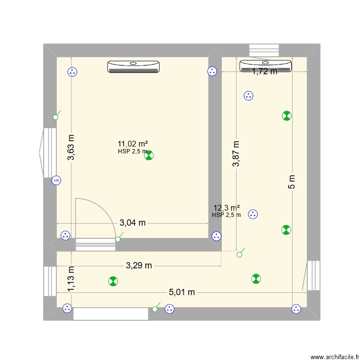 extention. Plan de 2 pièces et 23 m2