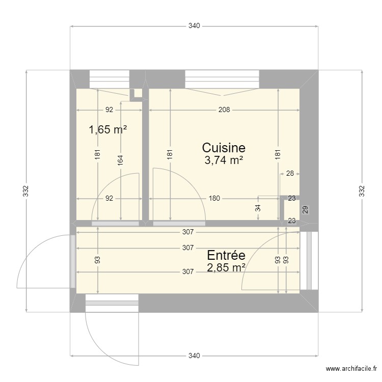 SDB- cuisine 50 Strasbourg. Plan de 3 pièces et 8 m2