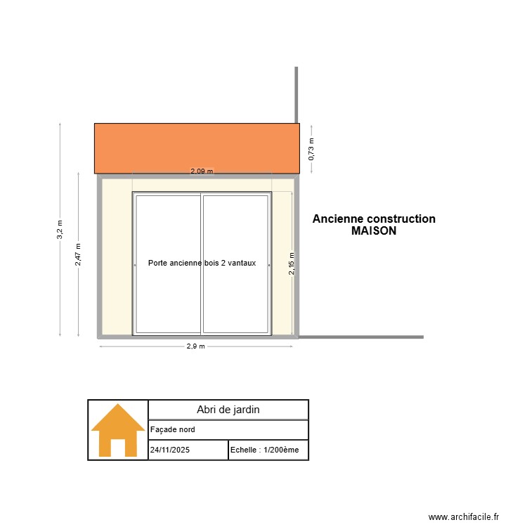Façade nord. Plan de 1 pièce et 7 m2
