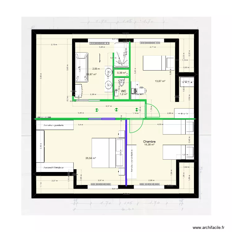 Etage 1 - Projet post releve. Plan de 6 pièces et 84 m²