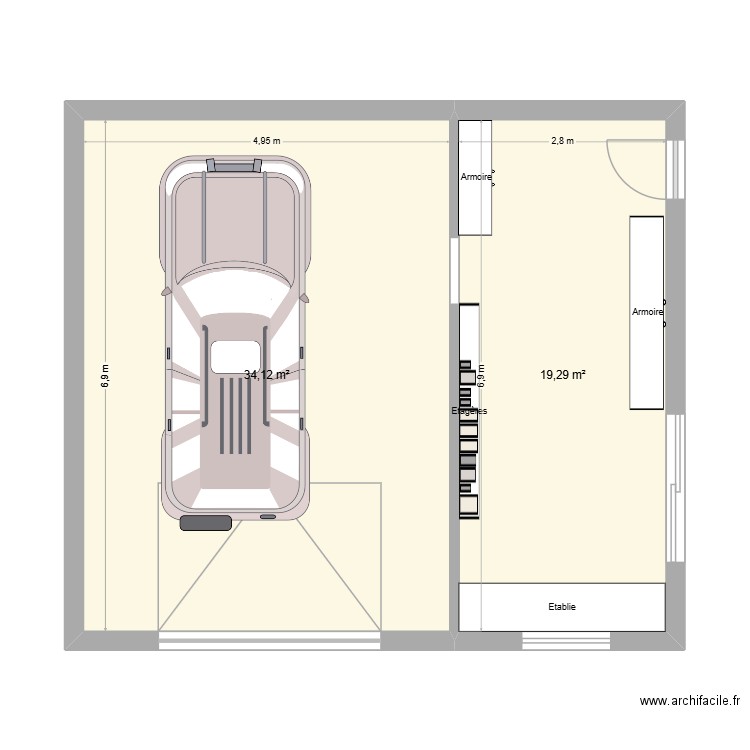 Garage atelier. Plan de 2 pièces et 53 m2