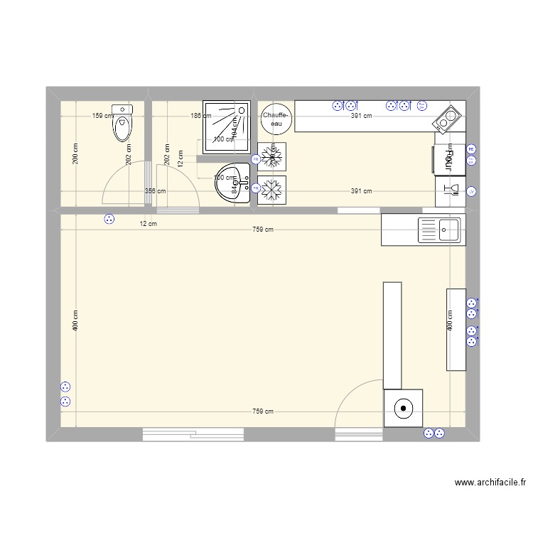 Clubhouse Tennis. Plan de 3 pièces et 45 m2