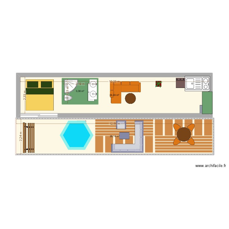 bungalow1. Plan de 3 pièces et 60 m2