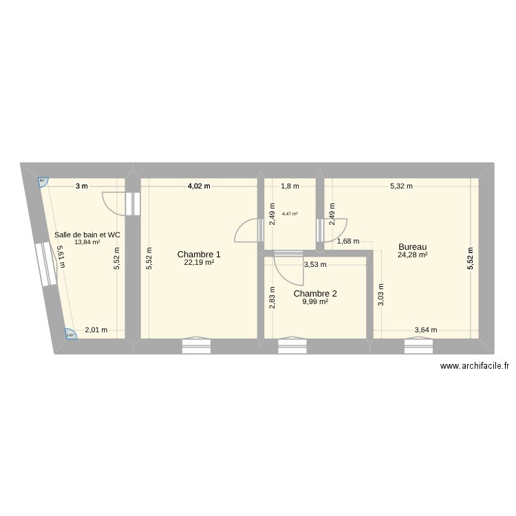 Plan premier étage. Plan de 5 pièces et 75 m2