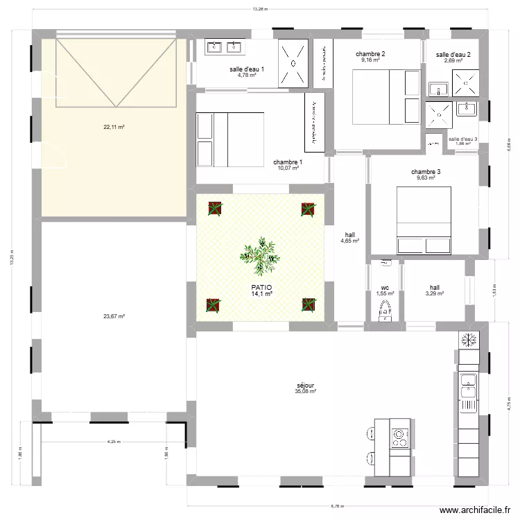 patio simple BIS. Plan de 13  et 143 m²