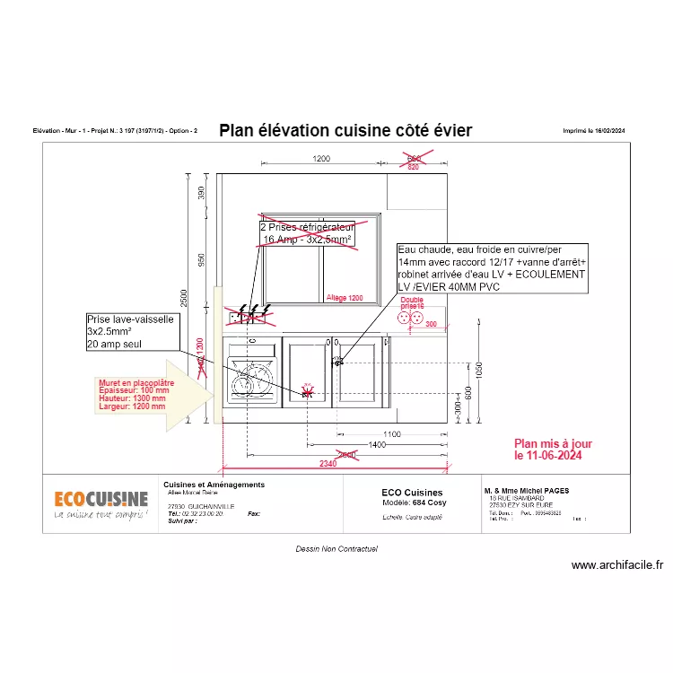 Plan Cuisine &eacute;l&eacute;vation c&ocirc;t&eacute; &eacute;vier. Plan de 