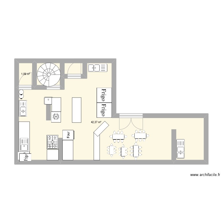 cuisine murviel. Plan de 2 pièces et 43 m2
