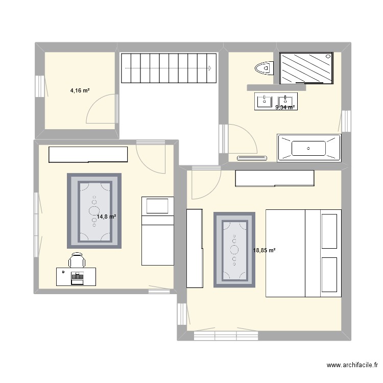 spl 1 er. Plan de 4 pièces et 47 m2