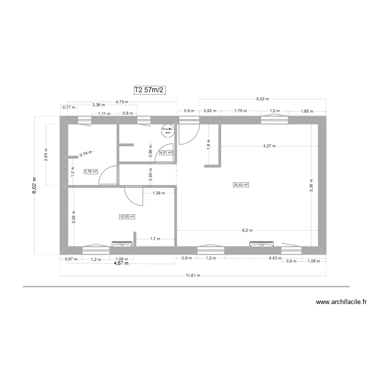 T2 long ouvrant fenetre. Plan de 4 pièces et 57 m² T2 long ouvrant fenetre. Plan de 4 pièces et 57 m²
