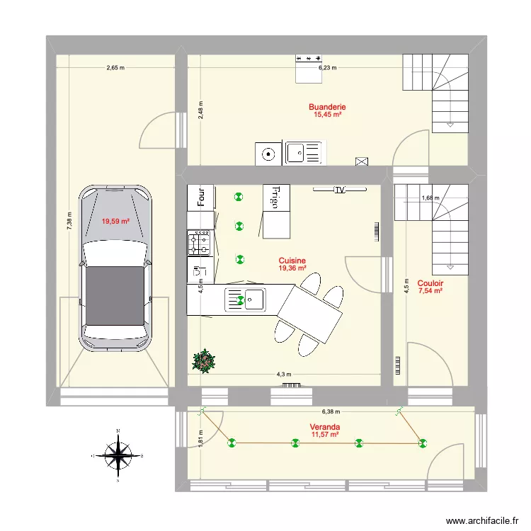 RDC. Plan de 5 pièces et 74 m²
