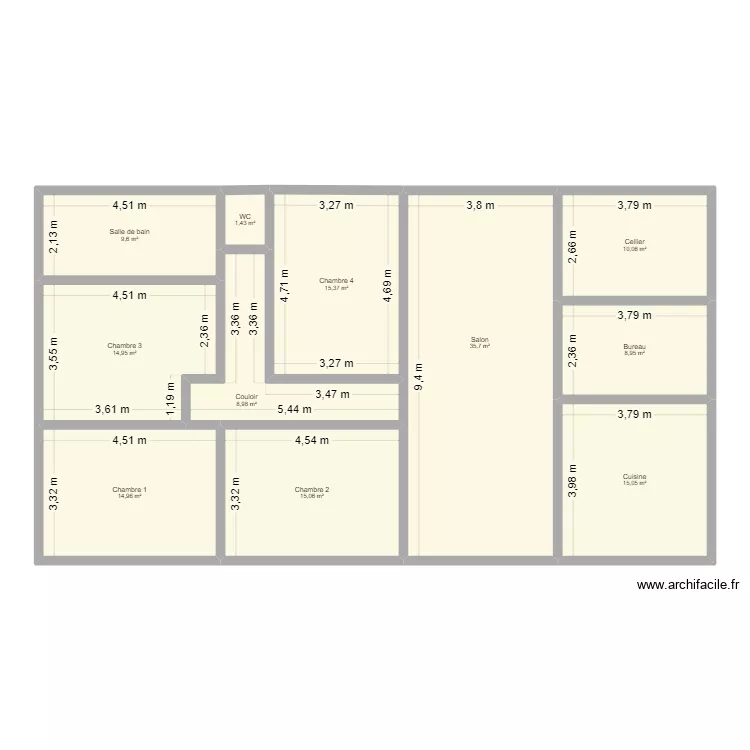 Maison rectangulaire 1. Plan de 11  et 150 m²