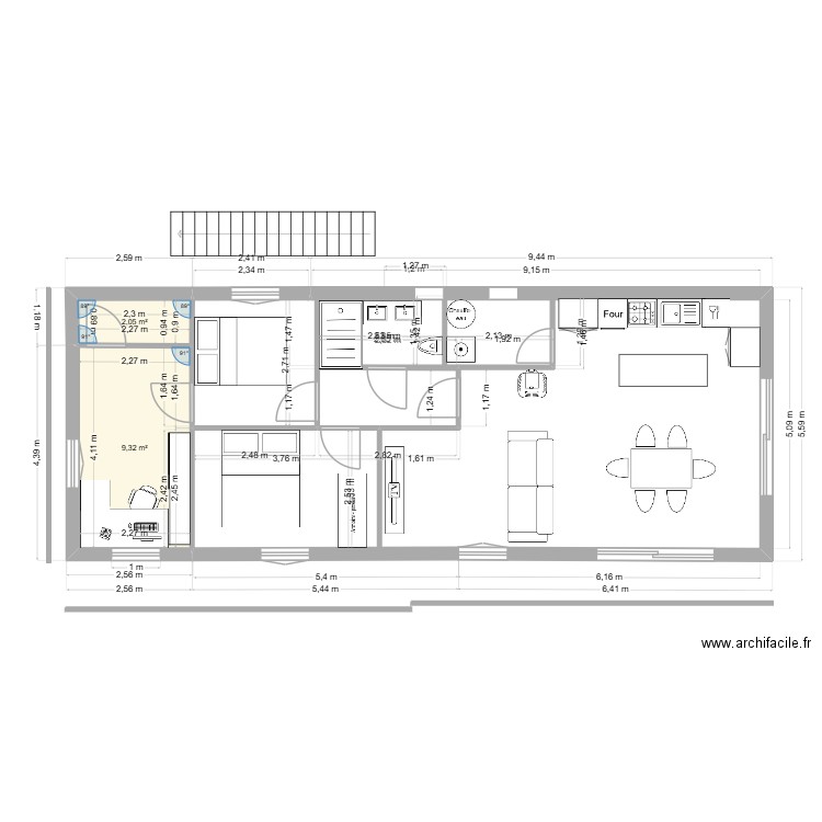 Extention. Plan de 2 pièces et 11 m2