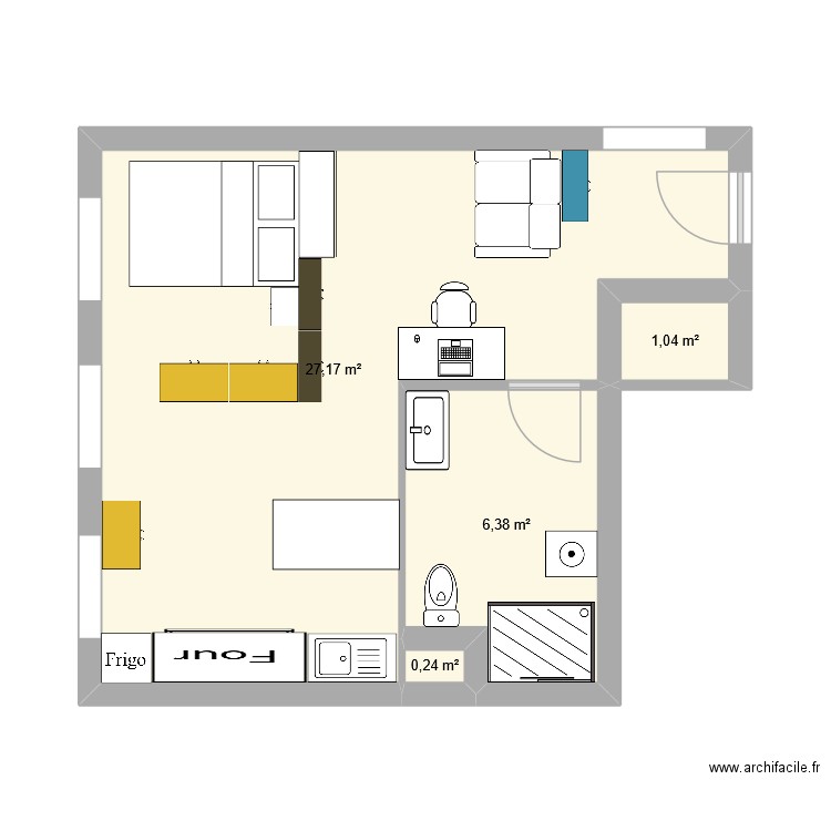 studio chambre angle. Plan de 4 pièces et 35 m2