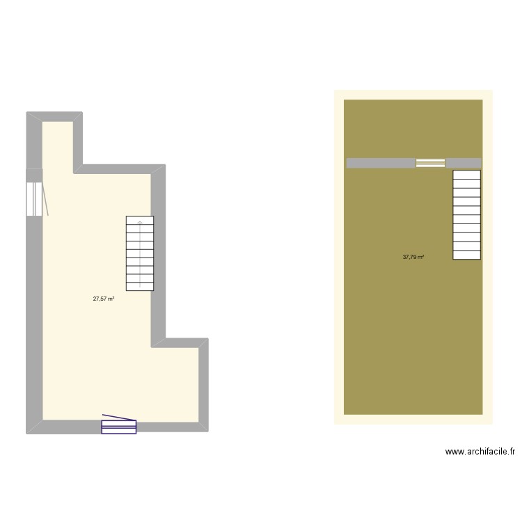 Séjour cuisine et WC. Plan de 2 pièces et 65 m2