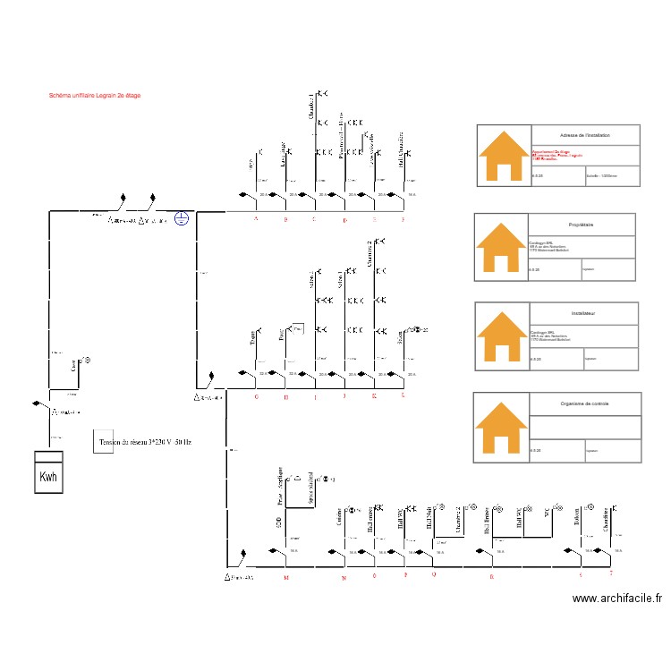 Schéma unifilaire Legrain 2e étage. Plan de 0 pièce et 0 m2