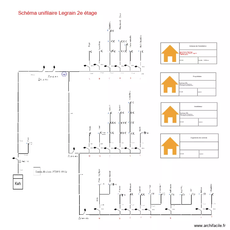 Sch&eacute;ma unifilaire Legrain 2e &eacute;tage. Plan de 