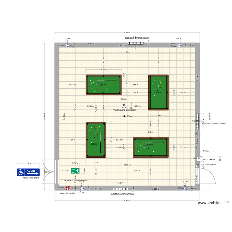 Projet salle de billard Blackball. Plan de 1 pièce et 65 m2