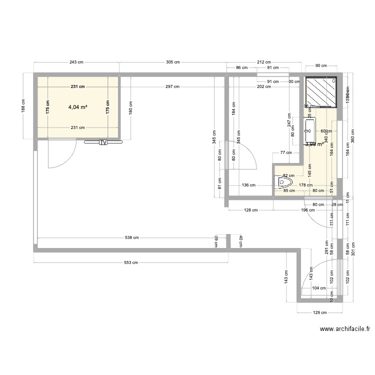 Guillemette Pornichet Vsans meubles. Plan de 2 pièces et 8 m2