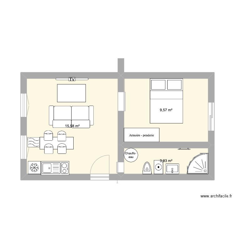 appartement 30m2. Plan de 3 pièces et 29 m2