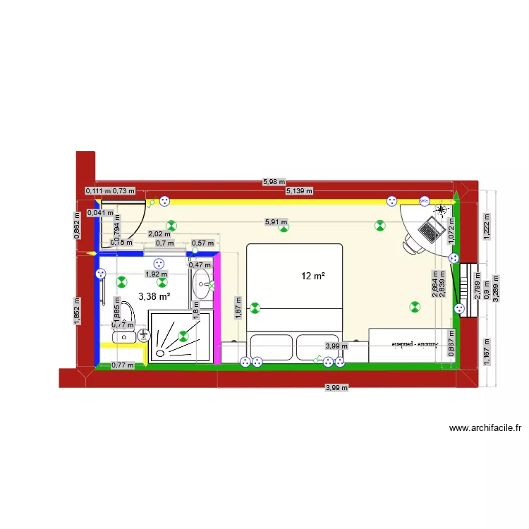 Chambre ex Flora V10 Aout 26. Plan de 3  et 16 m²