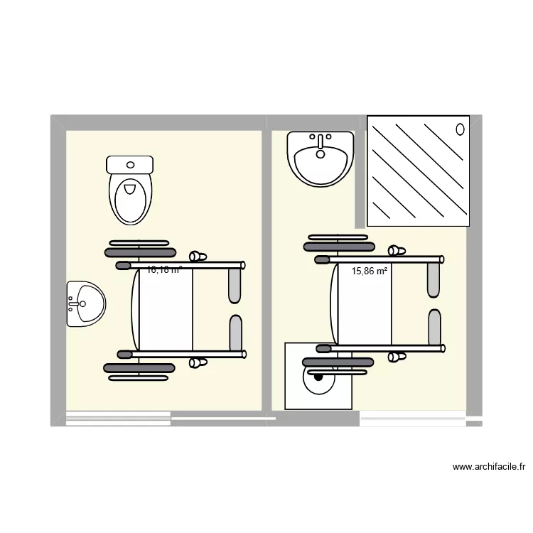 Salle de bain et WC pmr. Plan de 2 Pièces et 32 m²