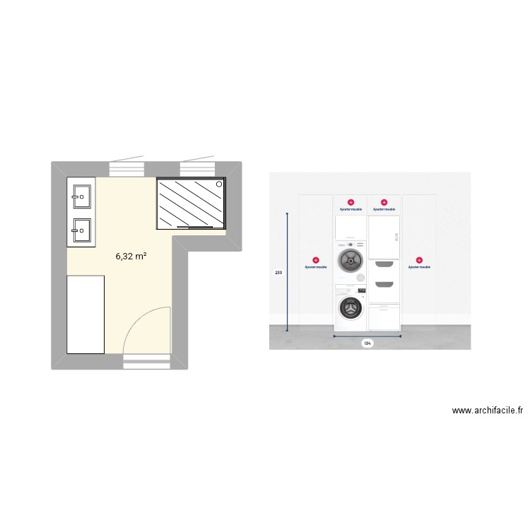 Salle de bain Enfants configuration2. Plan de 1 pièce et 6 m2